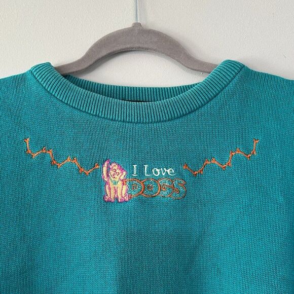 Vtg Sweater Women S/M Teal Dog Lover Embroidered Grandma Kidcore Cottage Shabby - Picture 3 of 8